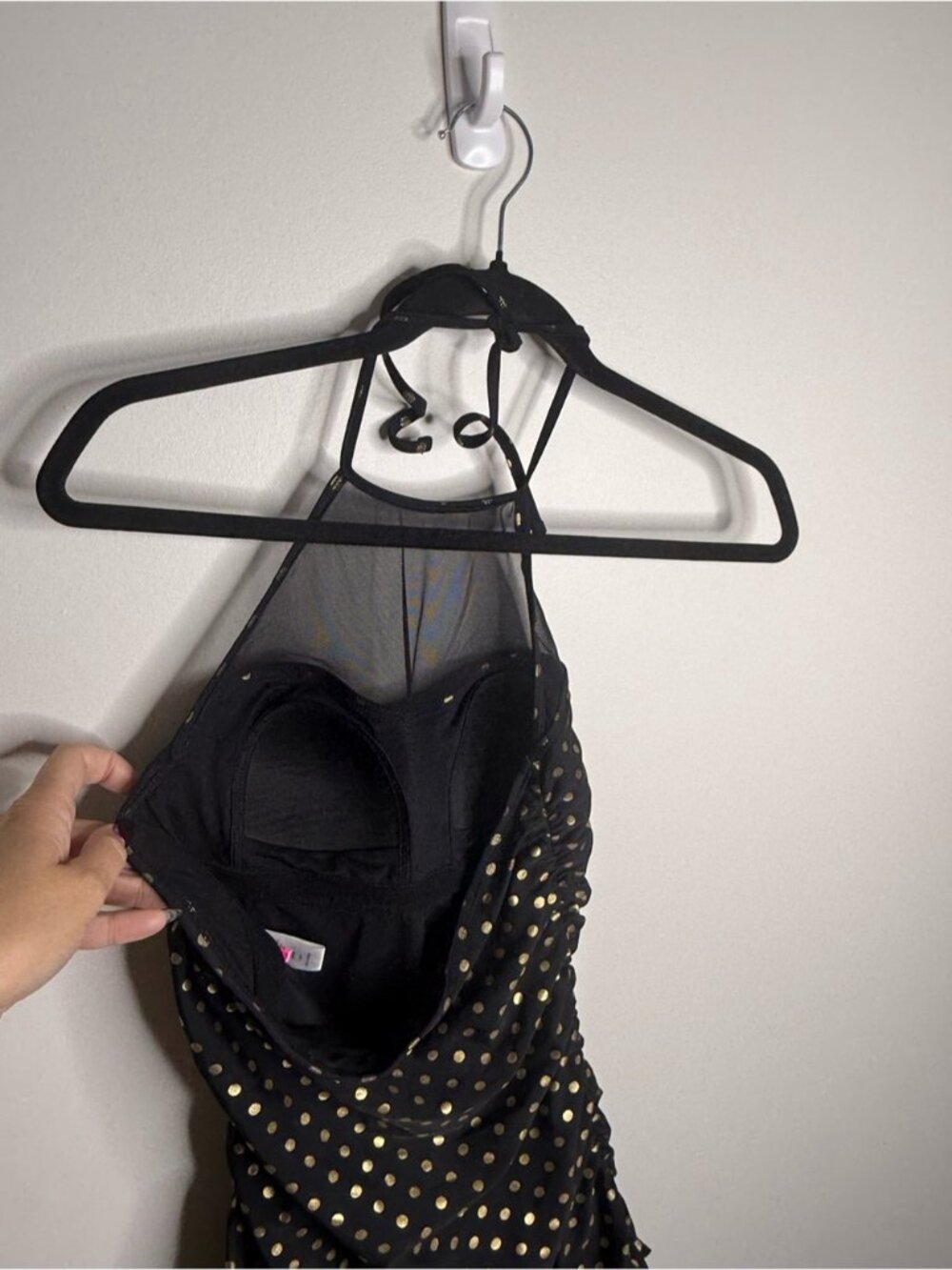 Betsey Johnson Black Halter one piece swimsuit with Gold Polka Dots size small - Picture 7 of 10